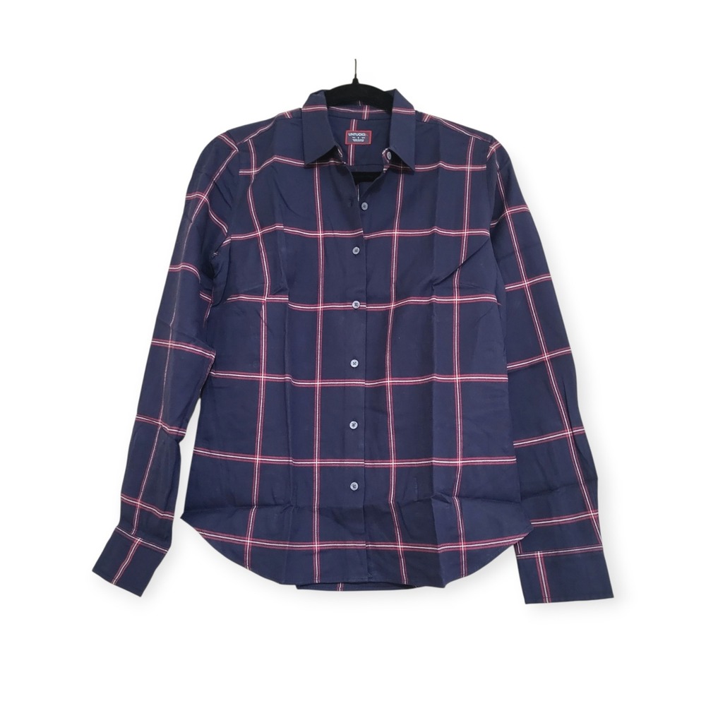 UNTUCKit Womens 4 Preppy Windowpane Flannel Navy Blue Plaid Button Down Shirt